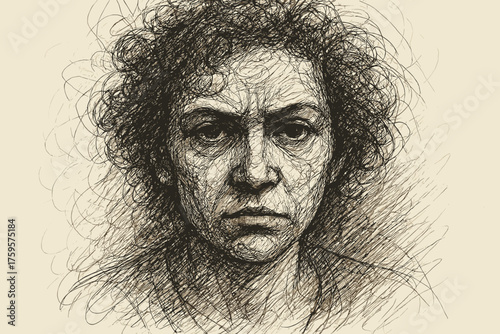 Simple uneven pencil vector illustration circular depth contrast shading scribble scribbles portrait