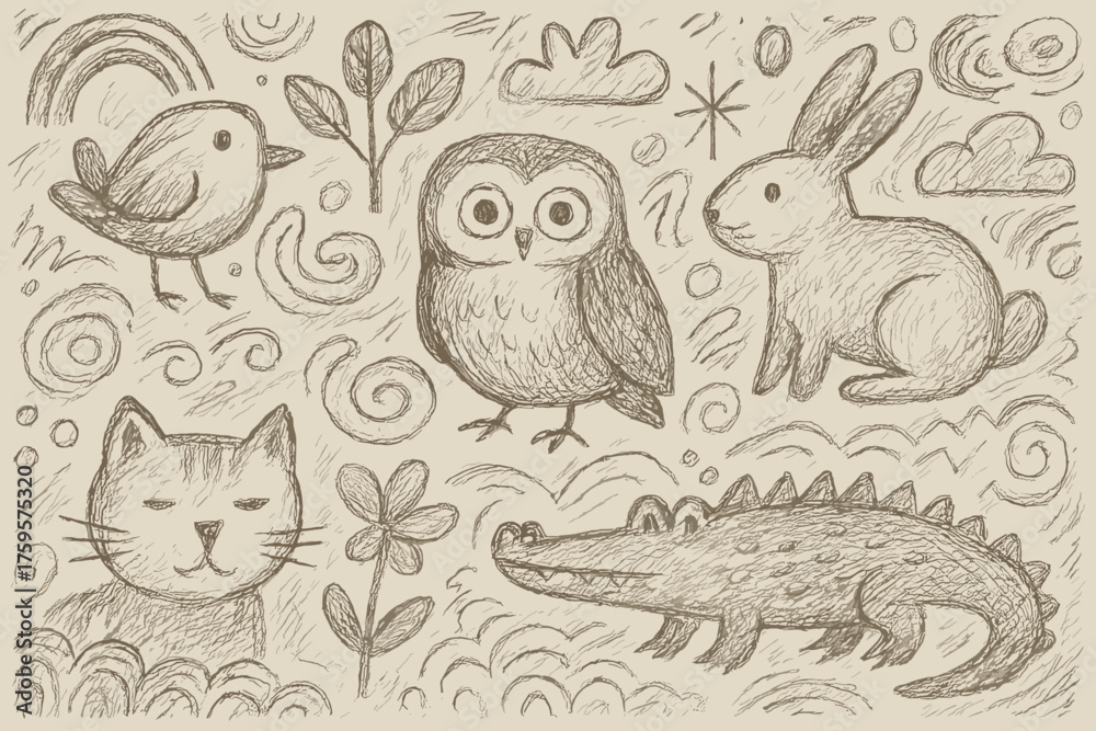 Fototapeta premium Patterns vector scattered animals all combined loose doodle abstract illustration animal