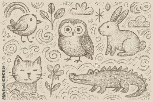 Patterns vector scattered animals all combined loose doodle abstract illustration animal
