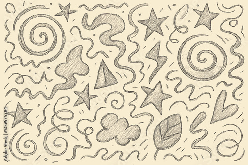 Chaos chaotic arranged shapes abstract playful doodle illustration vector stars lines wavy