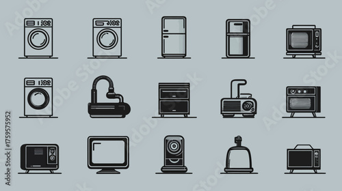 Collection of household appliances and electronic devices in a row.