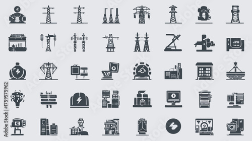 Collection of Industrial and Energy Icons Representing Power Generation and Infrastructure.