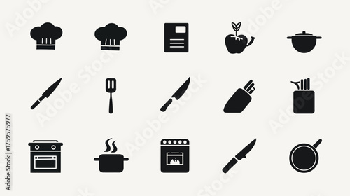 Collection of kitchen and cooking related icons in black and white.
