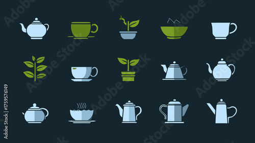 Collection of Tea and Plant Icons for Beverage and Nature Themes.