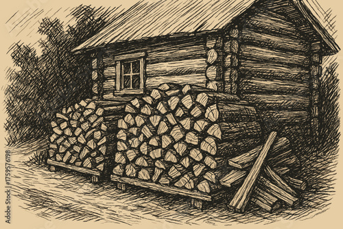 Drawing woodpile vector art sketch illustration overlapping planks near expressive crosshatched contours