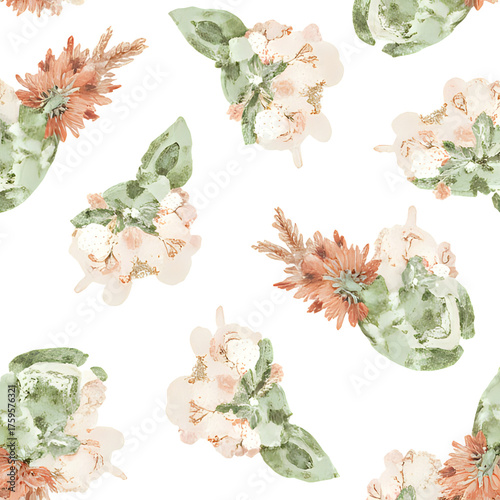 Seamless Abstract Watercolor Floral Pattern in Sage Green and Terracotta | Repeating Botanical Watercolor Design in Earthy Tones | Soft Sage and Terracotta Floral Seamless Background