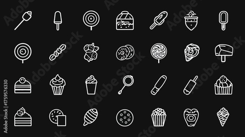 Collection of various sweets and desserts in white outline on black background.