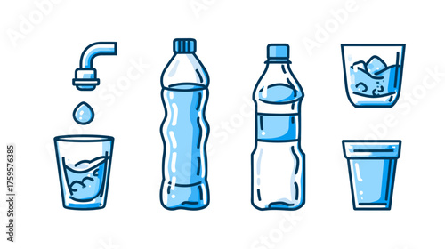 Collection of water bottles and glasses with tap water illustration.