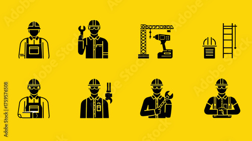 Construction workers and tools icons set on yellow background.