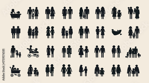 Diverse set of family and couple silhouette vector icons.