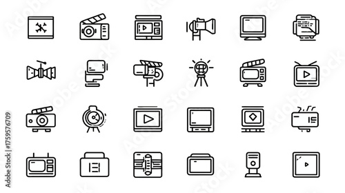 Hand drawn movie making and video equipment icon set.