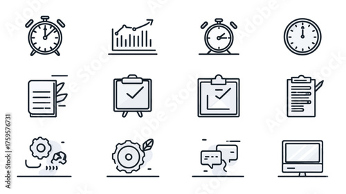 Hand drawn business and productivity line art icon set.