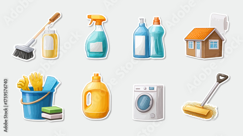 Illustrated sticker set of various household cleaning supplies and tools.