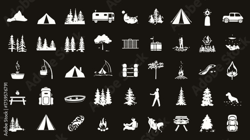 Large set of white silhouette icons for camping and hiking.