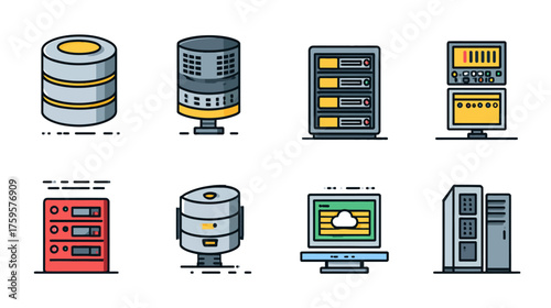 Set of flat design icons for server database and cloud computing.