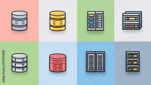 Set of modern database and server rack icons for technology.