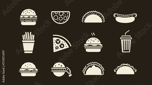 Set of monochrome fast food icons including burgers pizza and tacos.