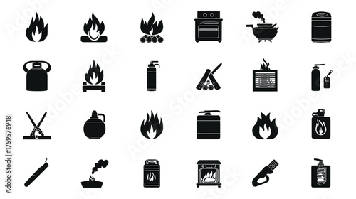 Set of various fire and heating related icons in solid black.