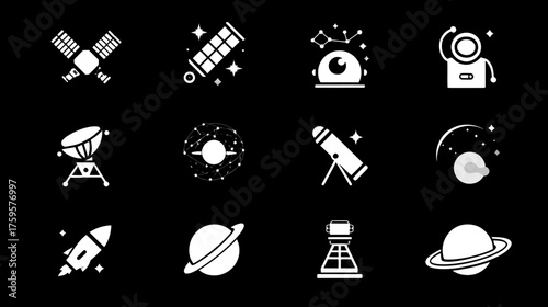 Space Exploration Icons - Satellites, Astronauts, Planets, and Telescopes.