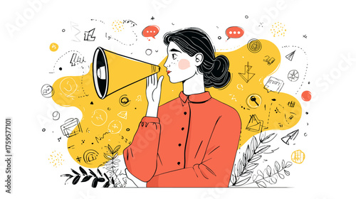 Woman using megaphone to announce important information for everyone to hear.