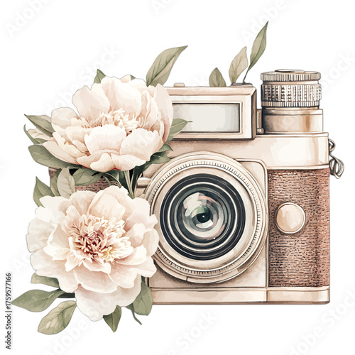 Elegant Watercolor Vintage Camera with Pink Peony Flowers
