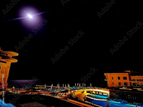 Luxury Resort Nightscape with Pool and Celestial Flare