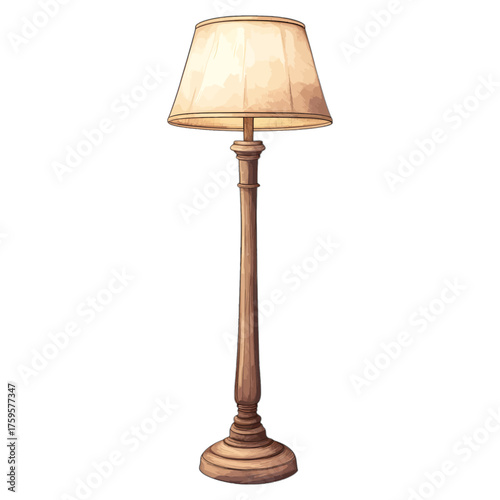 Rustic Watercolor Wooden Floor Lamp with Beige Lampshade
