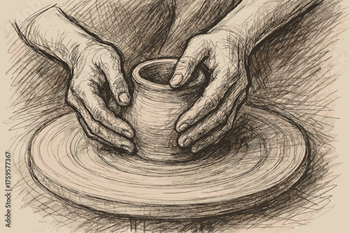 Clay wet illustration spinning vector hands shaping bold lines sketch smudged pottery