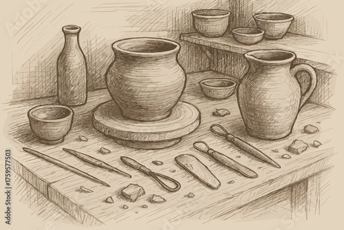 Clay potter creative fragments tools sketched vessels progress vector s sketch illustration