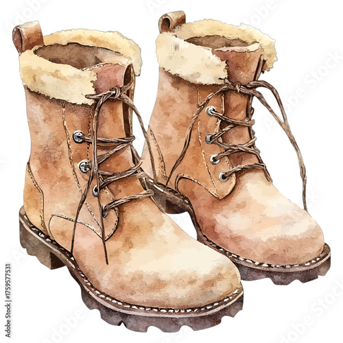 Rustic Watercolor Winter Boots with Fur Lining Clipart
