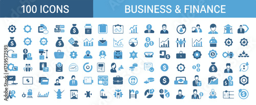 Finance and business icon set. including gear symbols, money bags, charts, graphs, office buildings, people silhouette, gear wheels, briefcases, dollar signs, and various business-related symbols.