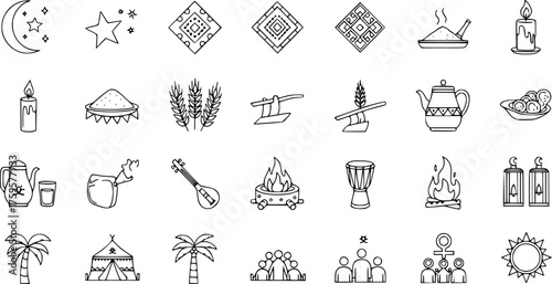 Line Art Vector Icons Set of Traditional Middle Eastern and Islamic Culture, Community, and Holiday Elements for Ramadan and Eid Celebrations