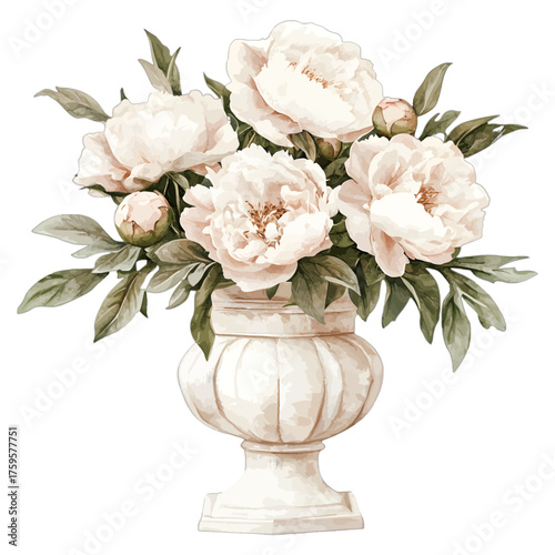 Elegant Watercolor White Peony Bouquet in a Classic Vase
