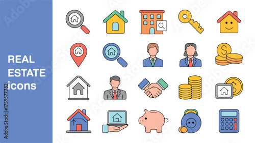 Flat Real Estate Icon Set with Search, House, Key, Location, Business, Marketing and Finance Symbols. Editable stroke.