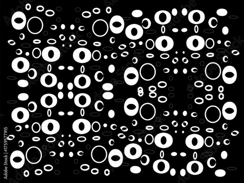 Abstract black and white pattern of circular shapes creating a symmetrical, futuristic design. Ideal for modern art, backgrounds, and graphic design projects.
