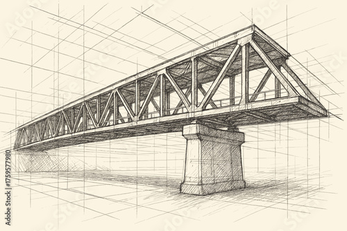 Sketch bridge structure perspective crosshatch draft lines illustration texture vector technical
