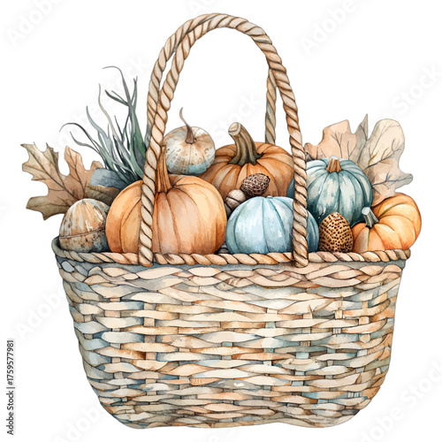 Wallpaper Mural Rustic Watercolor Autumn Harvest Basket with Pumpkins and Leaves
 Torontodigital.ca