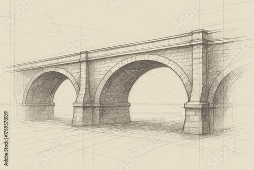 Aligned draft crosshatch detailed illustration vector sketch arches layered precise bridge