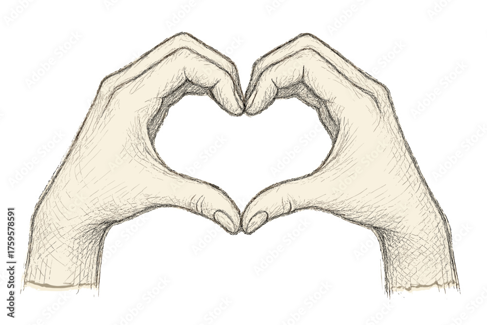 Fototapeta premium Shape delicate pencil two heart shaped illustration hands wrists vector texture crosshatch