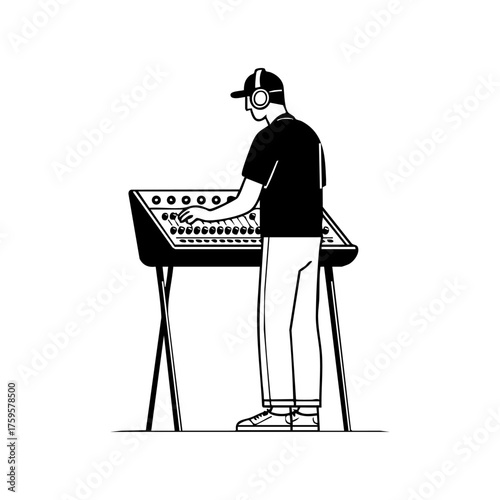 A sound engineer wearing headphones and adjusting a professional mixing console, representing music production and audio mastering.