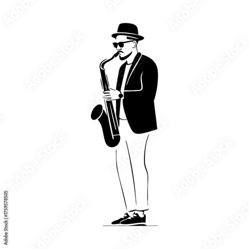 A jazz musician in a hat and sunglasses playing a saxophone, evoking the energy and mood of live street performance.
