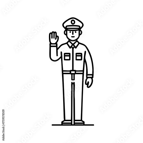 A police officer standing and raising one hand to direct traffic, representing law enforcement, safety, and authority.