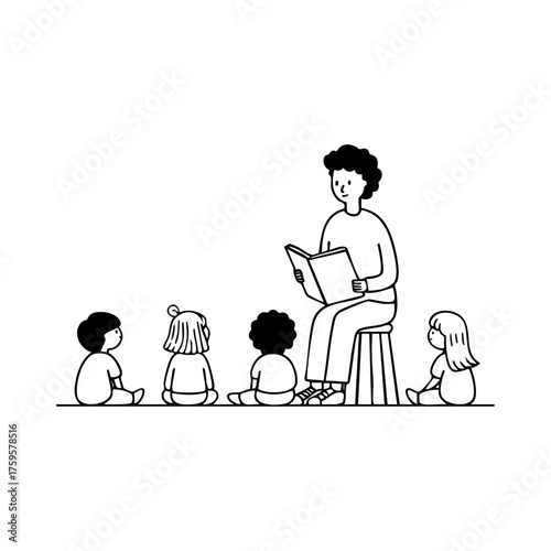 Male teacher reading a book aloud to a diverse group of young children sitting in front, symbolizing learning, inclusion, and early education.