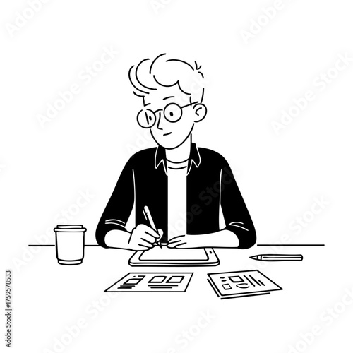 Web designer drawing digital wireframes on a tablet at a desk, representing creativity, UI/UX design, and digital product development.