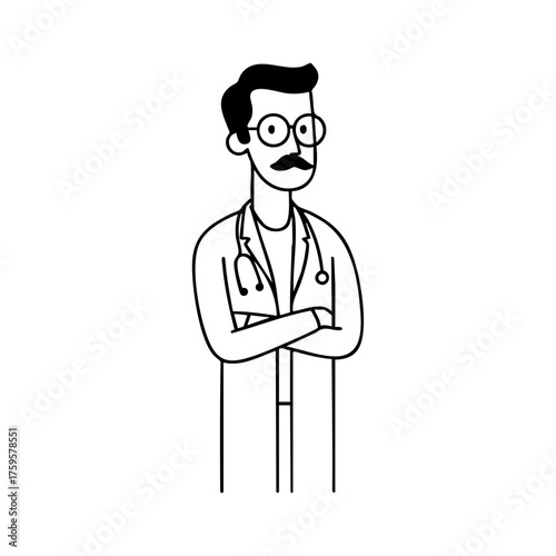Male doctor with mustache and glasses standing with arms crossed, representing professionalism, medical confidence, and modern healthcare.