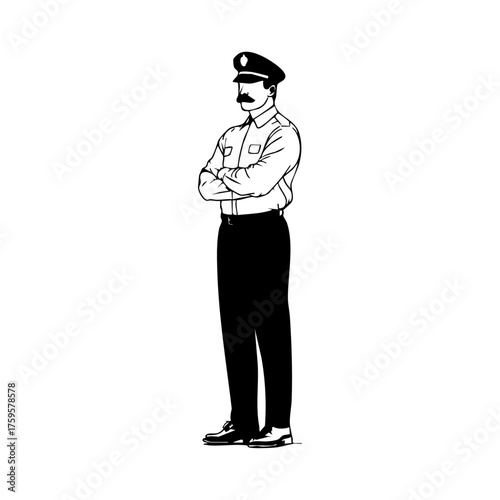 Policeman standing confidently with arms crossed, symbolizing authority, law enforcement, and public protection.