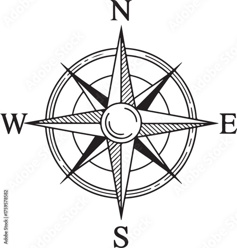 Wallpaper Mural Minimalist black and white hand-drawn compass rose illustration with eight points, central hub with subtle cross-hatching shading, labeled N, S, E, W, clean lines, centered on plain white background. Torontodigital.ca