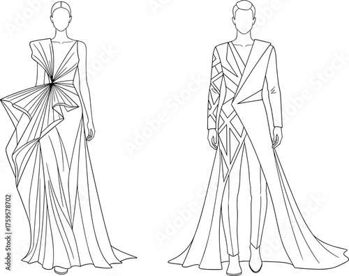 Elegant fashion design sketch, asymmetrical gown, structured bodice, pleated skirt, geometric coat, male formal wear, couture illustration, runway concept, modern style, artistic drawing