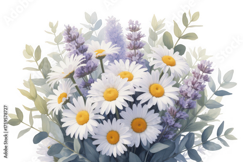 A beautiful bouquet of white daisies and lavender flowers isolated on transparent background