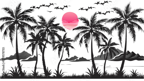 Tropical getaway with palm trees silhouetted against a pink sunset, a flock of birds in flight, island paradise serenity for vacation vibes and coastal dreams